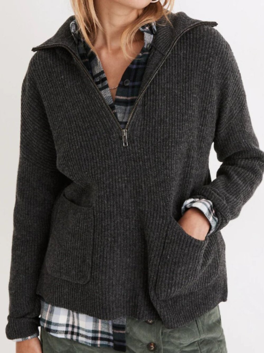 Madewell Glenbrook Half-Zip Pullover Sweater, Heather Graphite - Womens Medium